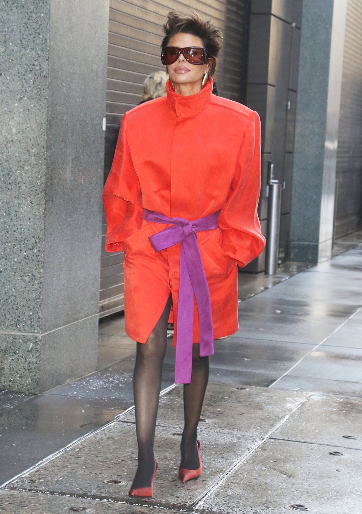 Lisa Rinna channels a retro mood by pairing her two-tone pumps with sheer black tights and a boxy orange Saint Laurent coat with a purple waist tie belt
