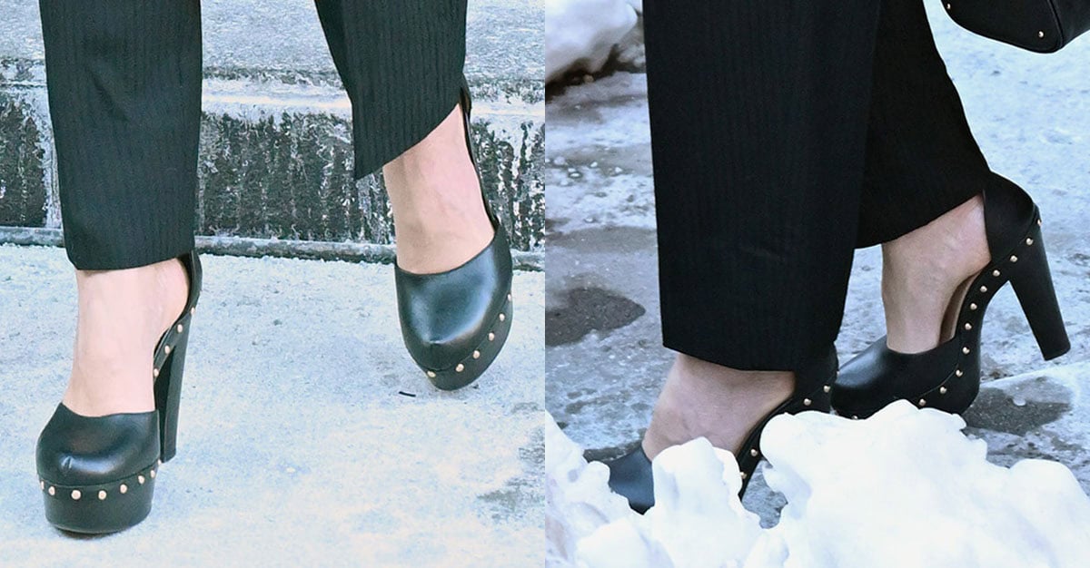 Miranda Kerr elevates her business look with the Chloé “Lola” D'Orsay pumps featuring studs around the midsoles, wooden platforms, and high block heels