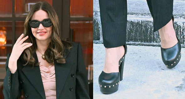 Miranda Kerr Steps Out in New York City in Clog-Like Studded Chloé Pumps and Sharp Tailoring