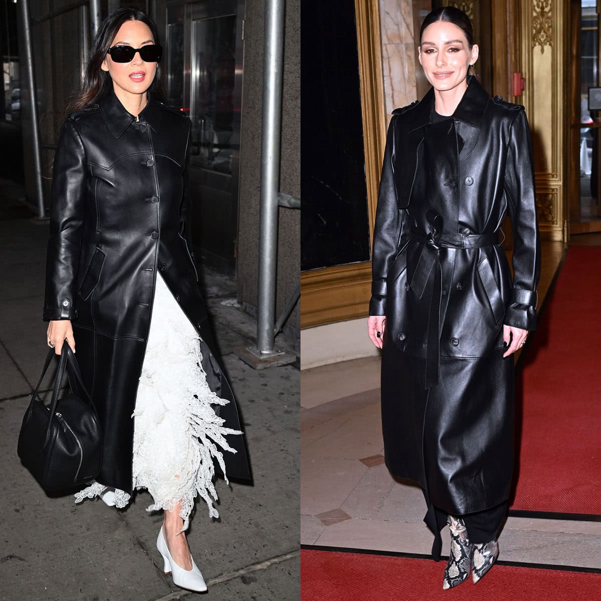 Olivia Munn and Olivia Palermo delivered front-row polish at the Altuzarra Fall/Winter 2026 show during New York Fashion Week on February 14, 2026, grounding their sleek black leather coats with crisp white pumps and statement snakeskin boots, respectively