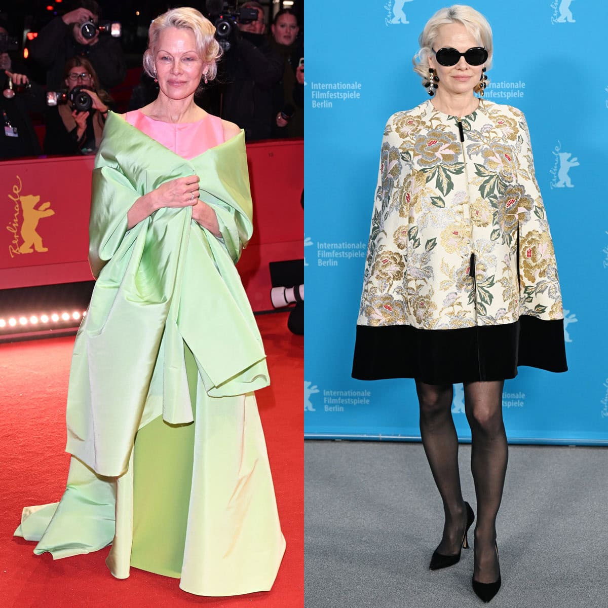 Pamela Anderson attends the 76th Berlinale International Film Festival premiere and photocall for Rosebush Pruning on February 14, 2026, showcasing two elegant Carolina Herrera looks paired with refined, classic pumps