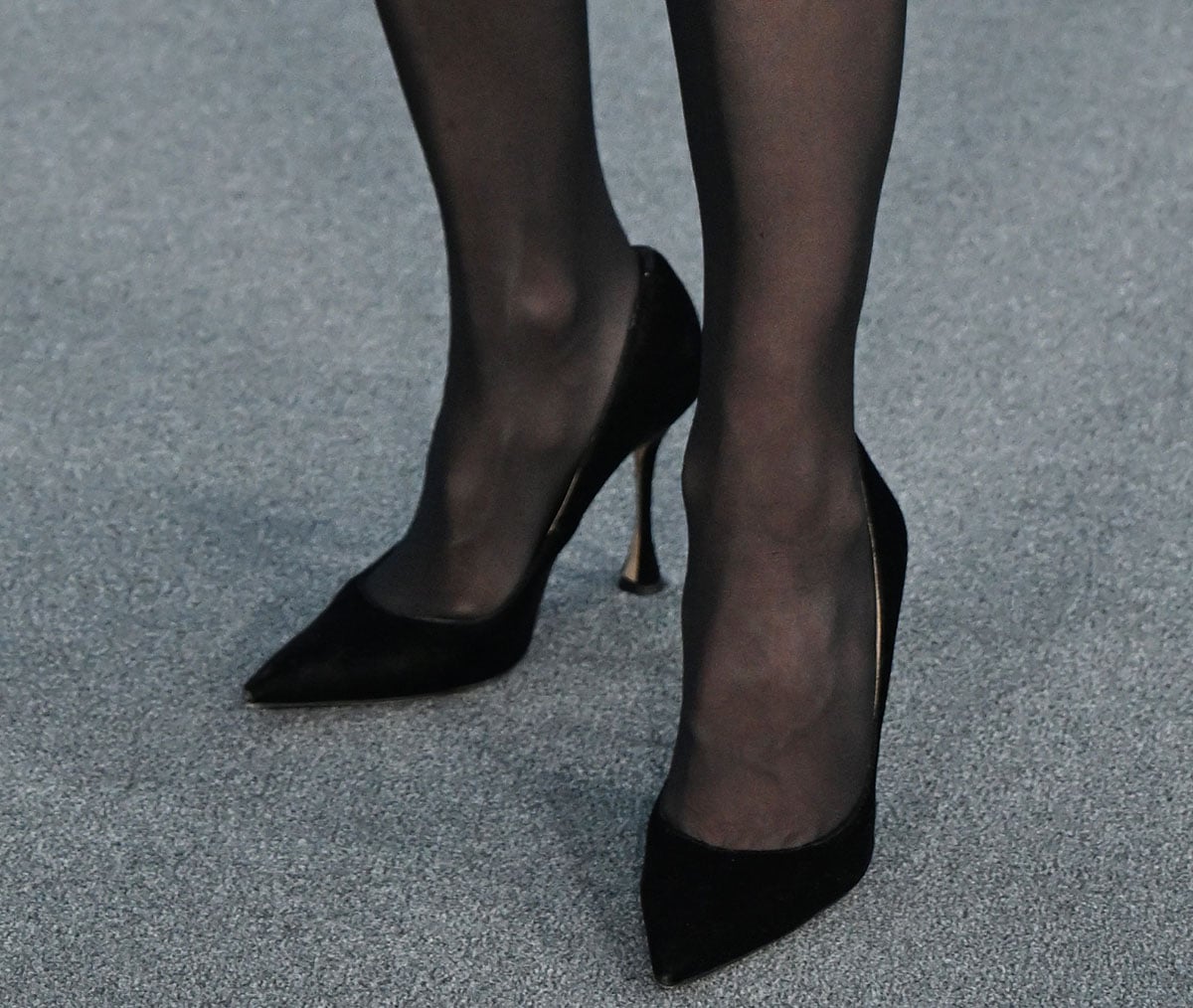 Pamela Anderson pairs her floral cape with black stockings and black suede pointy pumps from the Carolina Herrera Fall 2025 collection