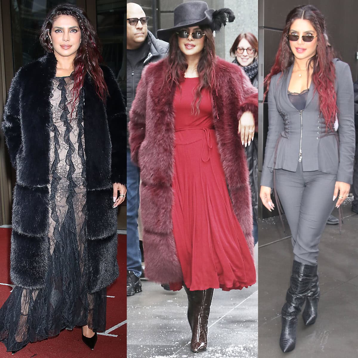 Priyanka Chopra leans into full piratecore mode, pairing croc-embossed knee-high boots with dramatic faux-fur coats and monochrome layers while promoting The Bluff in New York City on February 25–26, 2026