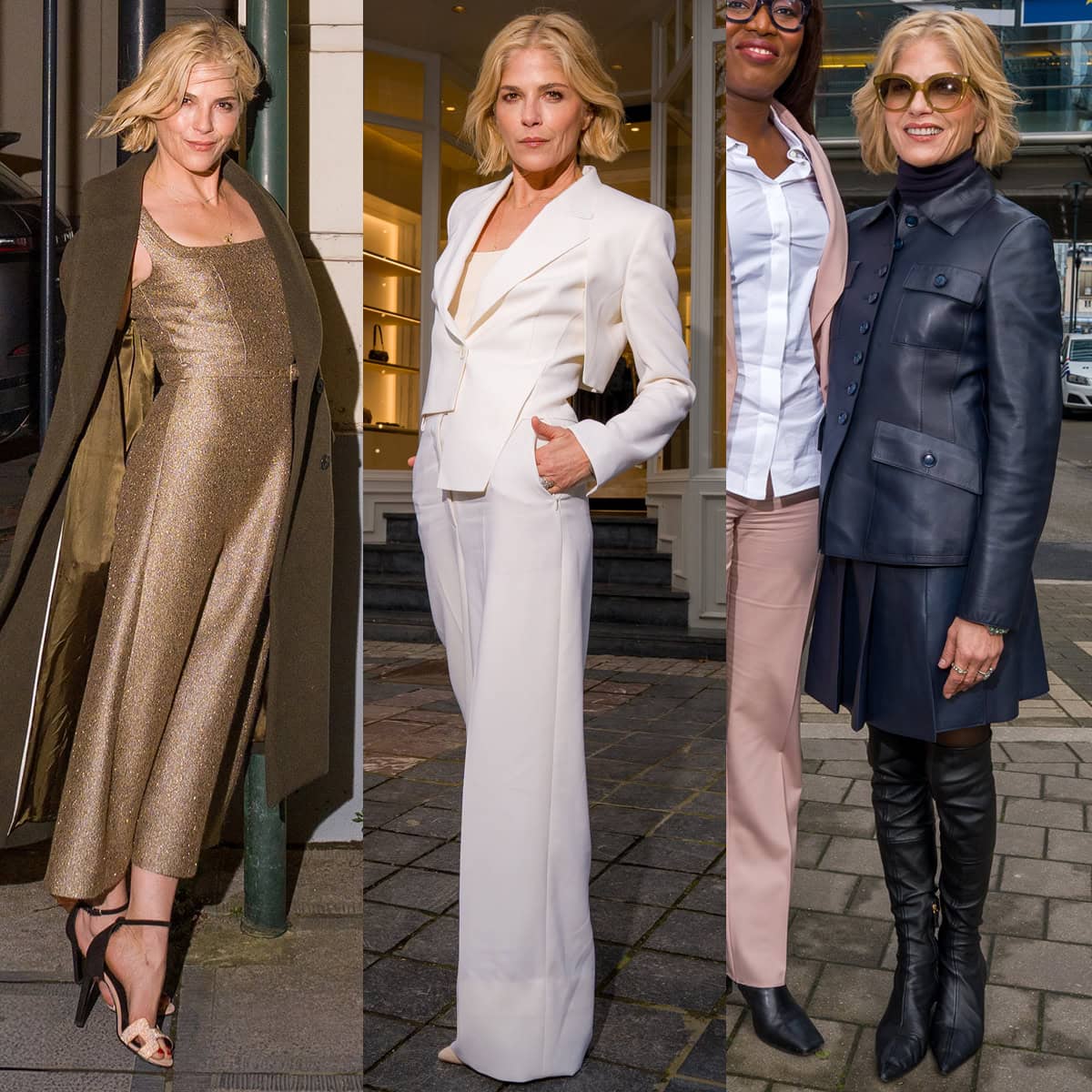 Selma Blair rotates from crystal-embellished Hermès heels to beige suede pumps and sleek over-the-knee boots while stepping out in Brussels