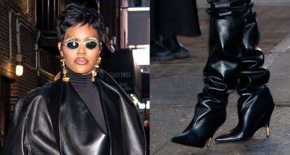 Teyana Taylor Elevates All-Black Leather Look in $2,200 Khaite “Bella” Wedge Boots and Phoebe Philo for Colbert