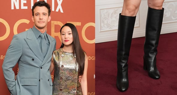 Yerin Ha Boosts Height in Louis Vuitton “Donna” Boots and Metallic Mini Dress at Bridgerton BFI Screening