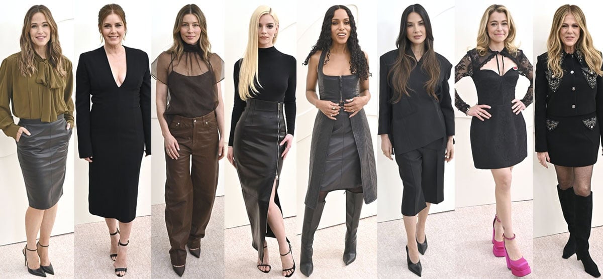 Jennifer Garner, Amy Adams, Jessica Biel, Anya Taylor-Joy, Kerry Washington, Olivia Munn, Tatiana Maslany, and Rita Wilson look polished in neutral-colored outfits with timeless shoes at the Los Angeles Apple TV press day at Barker Hangar