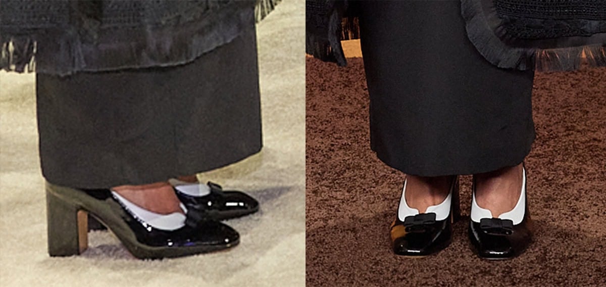 Autumn Durald Arkapaw wears a pair of Thom Browne court pumps featuring a shiny black patent base with a white topline panel, a structured grosgrain bow, square toes, and high block heels