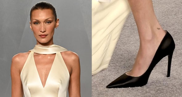 Bella Hadid Defined Modern Red Carpet Minimalism in Sharp Prada Satin Pumps at the 2026 Oscars Party