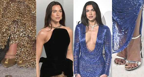 Dua Lipa’s Oscars After-Party Shoes: Schiaparelli Gold Pumps & Gucci Silver Sandals