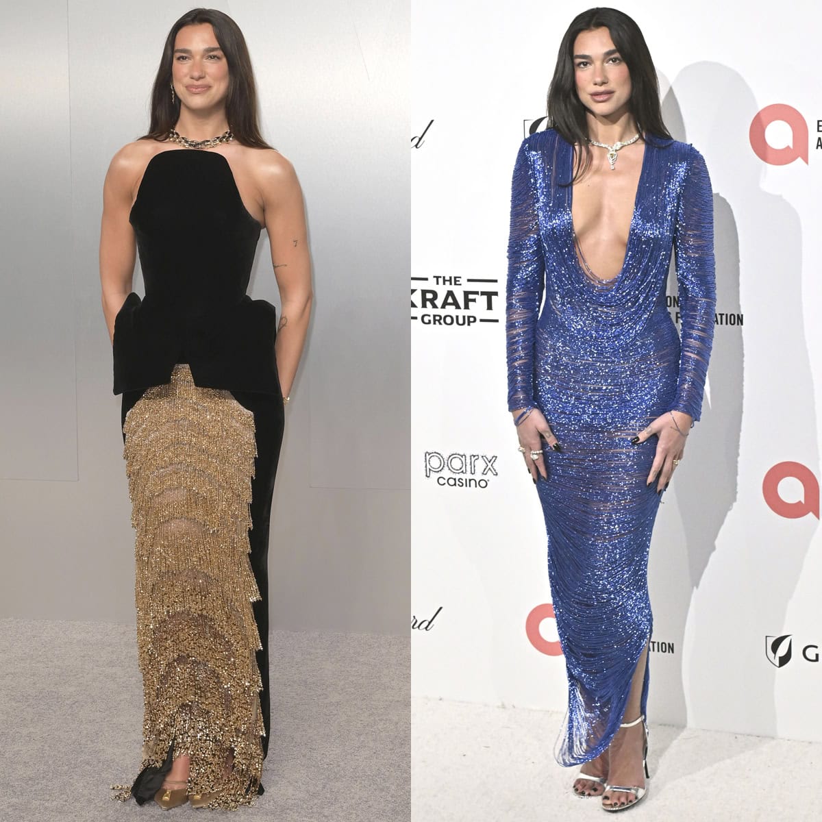 Dua Lipa wears Schiaparelli gold satin pumps and silver stiletto sandals with two fringe-driven looks at the Vanity Fair Oscars Party and the Elton John AIDS Foundation Academy Awards Viewing Party on March 15, 2026