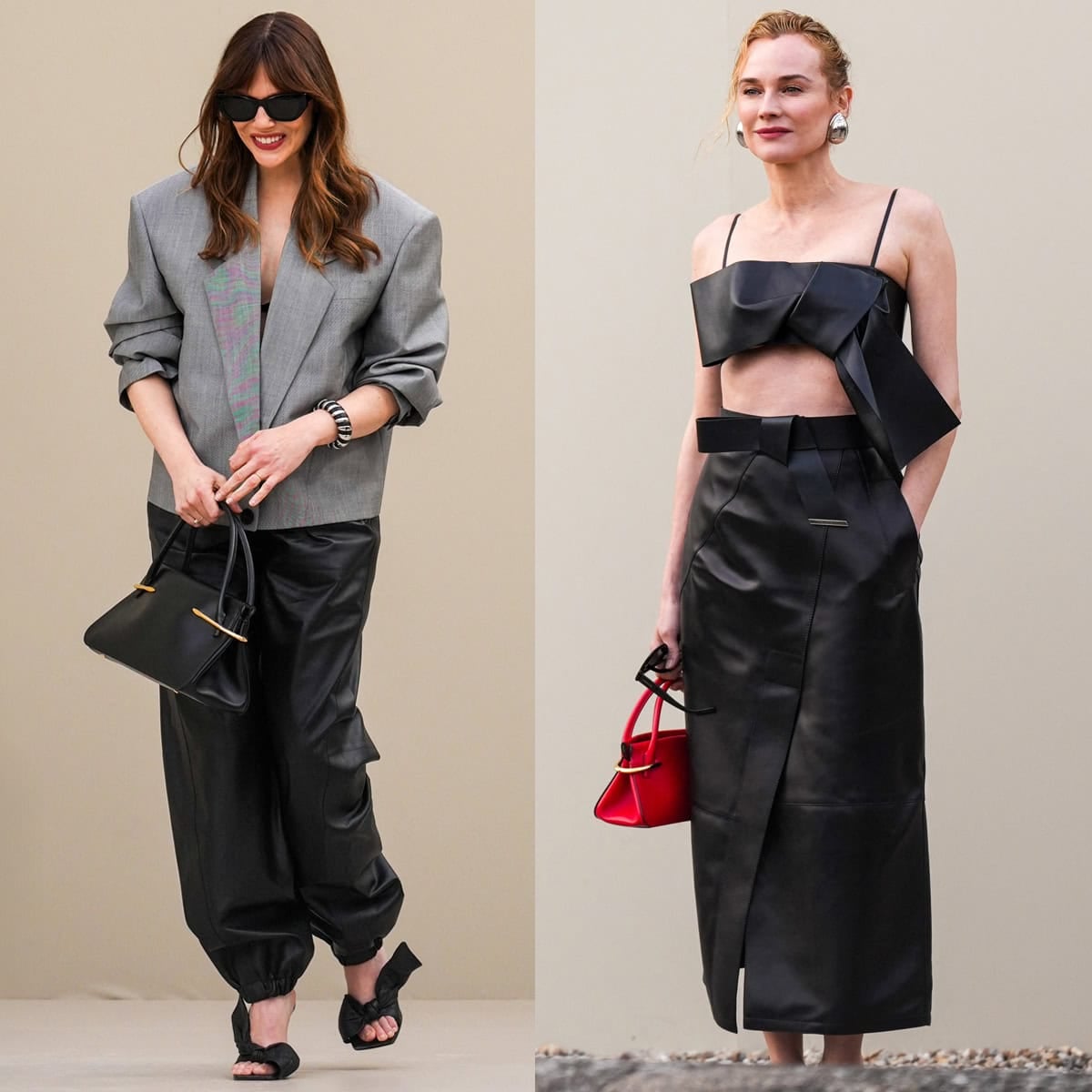 Elizabeth Olsen pairs Givenchy “Boudoir Bow” mules with leather joggers and a cropped gray blazer, while Diane Kruger complements her sculptural leather outfit with Givenchy bow slingback pumps at the Givenchy Womenswear Fall/Winter 2026–2027 sho