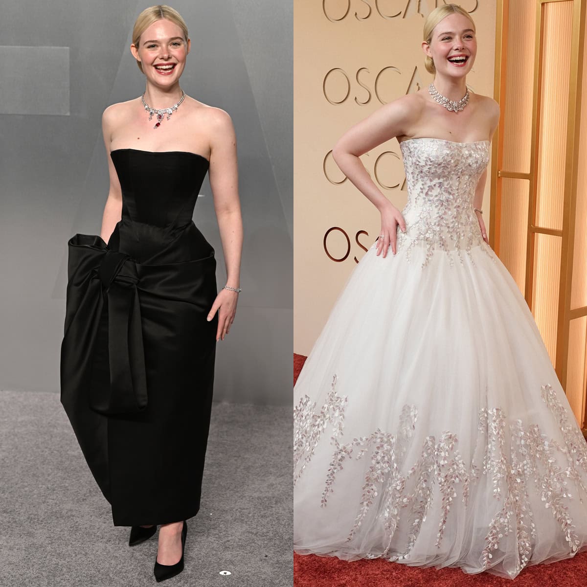 On March 15, 2026, Elle Fanning showcased striking contrast in two custom Givenchy looks—pairing sculptural black elegance with sleek pumps at the Vanity Fair Oscars Party and ethereal wisteria-embroidered romance with coordinating heels on the Academy Awards red carpet