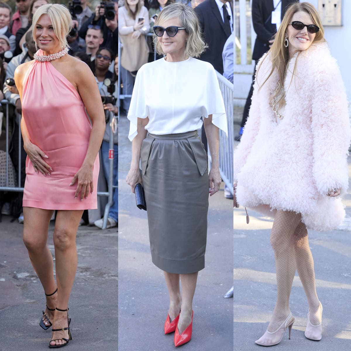 Hannah Waddingham, Helen Hunt, and Anna Dello Russo showcase striking footwear—from strappy sandals to bold red mules and sheer mesh pumps—at the Stella McCartney Womenswear Fall/Winter 2026–2027 show during Paris Fashion Week