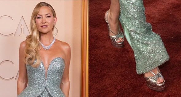Kate Hudson Stuns in Silver Aquazzura “Aimée” Platforms and Jade Armani Gown at 2026 Oscars