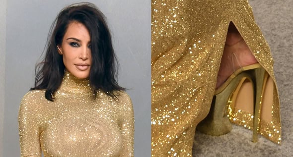 Kim Kardashian Elevates 5’2″ Frame in 8-Inch Pleaser “Flamingo” Heels and Demna’s Debut Gold Gucci Gown