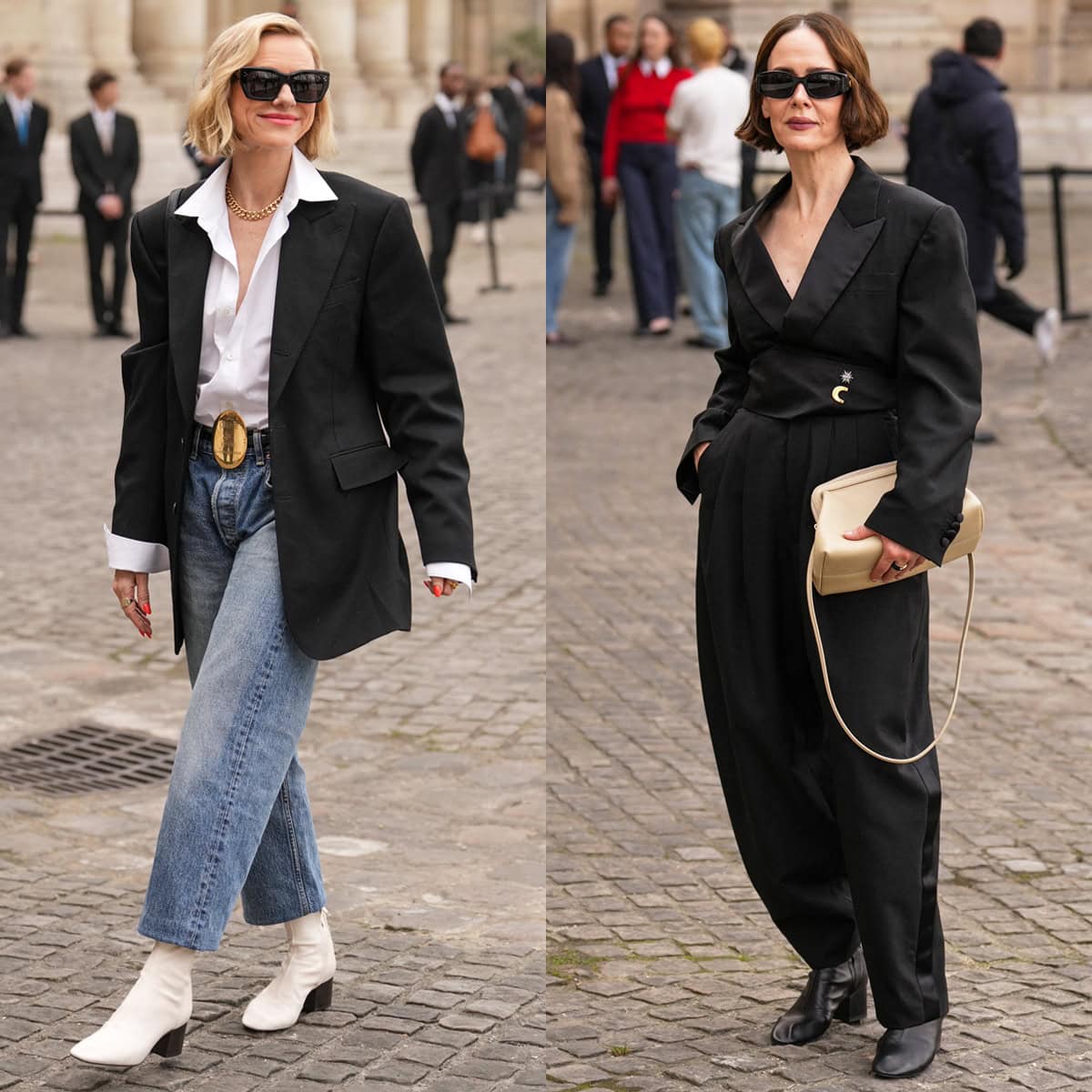 Naomi Watts and Sarah Paulson put their own spin on Celine’s sleek “Cheri” ankle boots—Watts pairing the white version with cropped jeans and an oversized blazer, while Paulson styled the black pair with a sharply tailored jumpsuit—at the Celine Womenswear Fall/Winter 2026–2027 show during Paris Fashion Week