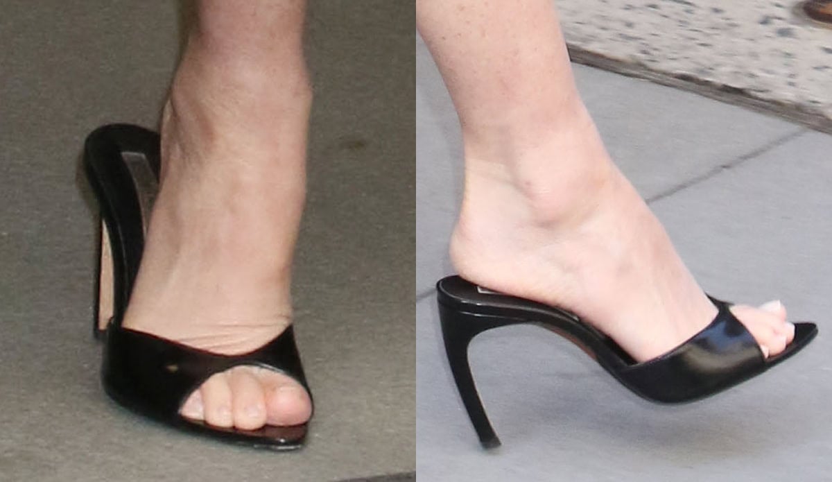 Olivia Munn exits the GMA studio in the Victoria Beckham “Harlow” mules featuring curved toe straps and curved high heels