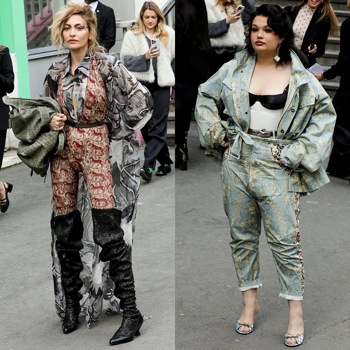 Paris Jackson and Lola Young showcase Vivienne Westwood’s rebellious aesthetic in bold printed looks and statement footwear at the brand’s Fall/Winter 2026–2027 show during Paris Fashion Week