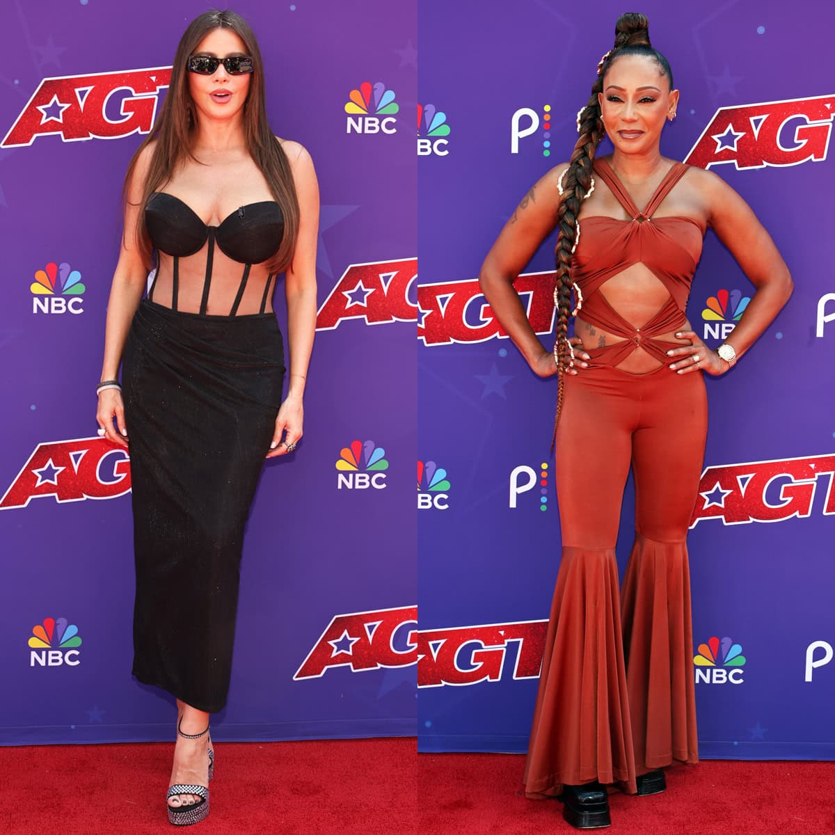Sofia Vergara and Mel B bring contrasting glamour to America’s Got Talent filming on March 24, 2026, in Pasadena, California, pairing a sheer corset dress with crystal platform sandals and a cutout jumpsuit with towering platform boots