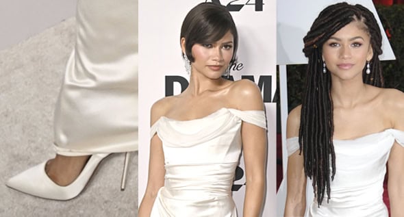 Zendaya Pairs Iconic White Christian Louboutin “So Kate” Pumps With Her Reworn 2015 Vivienne Westwood Oscars Gown