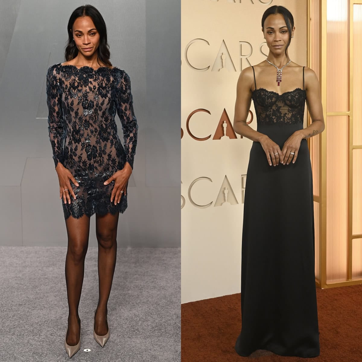 Zoe Saldana wears Saint Laurent lace dresses with coordinating heels at the 98th Academy Awards and the Vanity Fair Oscars after-party on March 15, 2026