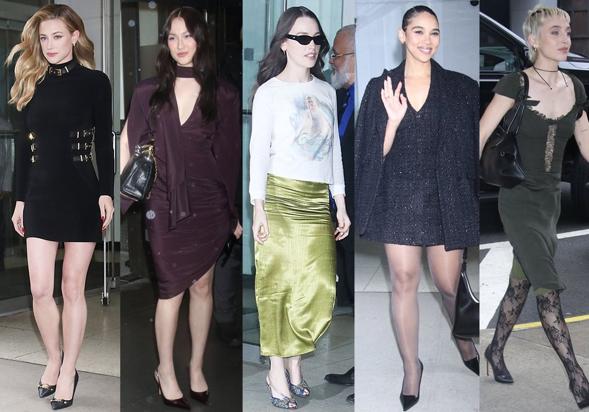 Lili Reinhart, Lola Tung, Victoria Pedretti, Alexandra Shipp, and Emma Chamberlain step out in striking heels and fashion-forward dresses while promoting their comedy-horror film Forbidden Fruits during an appearance on The Drew Barrymore Show