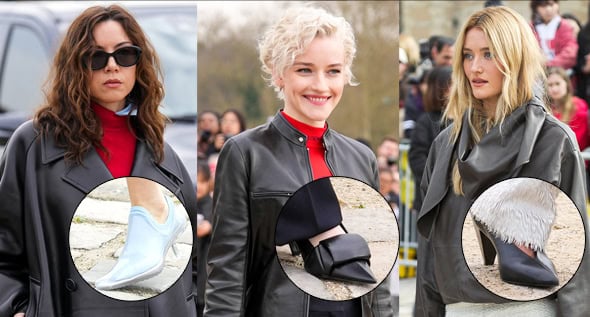 Unique Shoes at Loewe Paris Fashion Week: Aubrey Plaza in Clear Aqua Boots, Sarah Pidgeon’s V-Neck Pumps, and Julia Garner’s Origami Heels