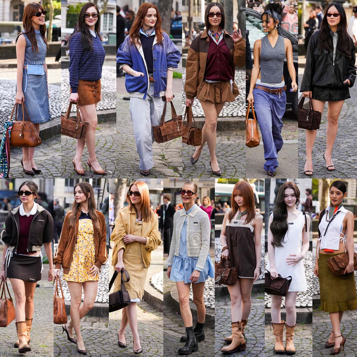 Hollywood stars and K-Pop idols bring preppy and boho style to the Miu Miu PFW show, finishing their looks with hand-waxed brown pumps and boots