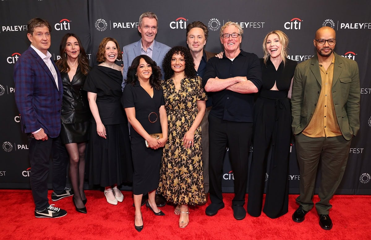 Bill Lawrence, Christa Miller, Vanessa Bayer, Aseem Batra, Neil Flynn, Judy Reyes, Zach Braff, John C. McGinley, Sarah Chalke, and Donald Faison reunite on the red carpet at the 2026 PaleyFest LA celebration of Scrubs at the Dolby Theatre in Hollywood on April 11, 2026