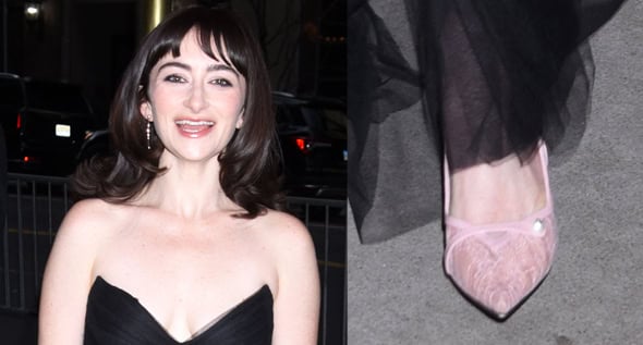 Abby Quinn Pairs $975 Pink Lace Jimmy Choo “Amita” Pumps With Ethereal Black Gown