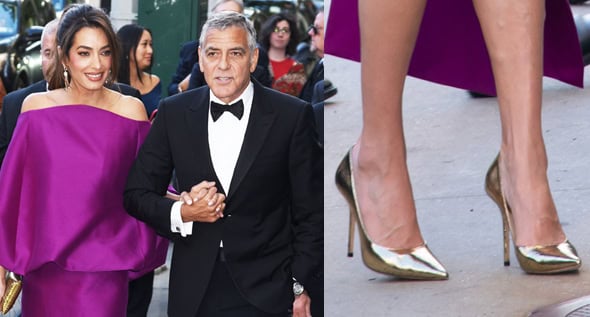 Amal Clooney Proves Gold Pumps Are the Ultimate Red Carpet Power Move in Violet Balenciaga Mini