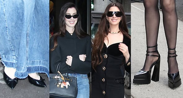 Anne Hathaway Pairs Jacquemus ‘Tourni’ Pumps and Versace ‘Aevitas’ Platforms for Mother Mary Press Tour