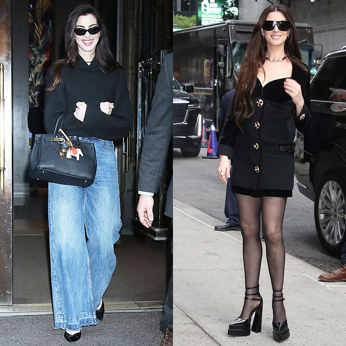 Anne Hathaway steps out in New York City on April 15–16, 2026, balancing off-duty ease in wide-leg denim and Jacquemus pumps with high-glam polish in an archival Versace LBD and towering platform heels while promoting Mother Mary and The Devil Wears Prada 2