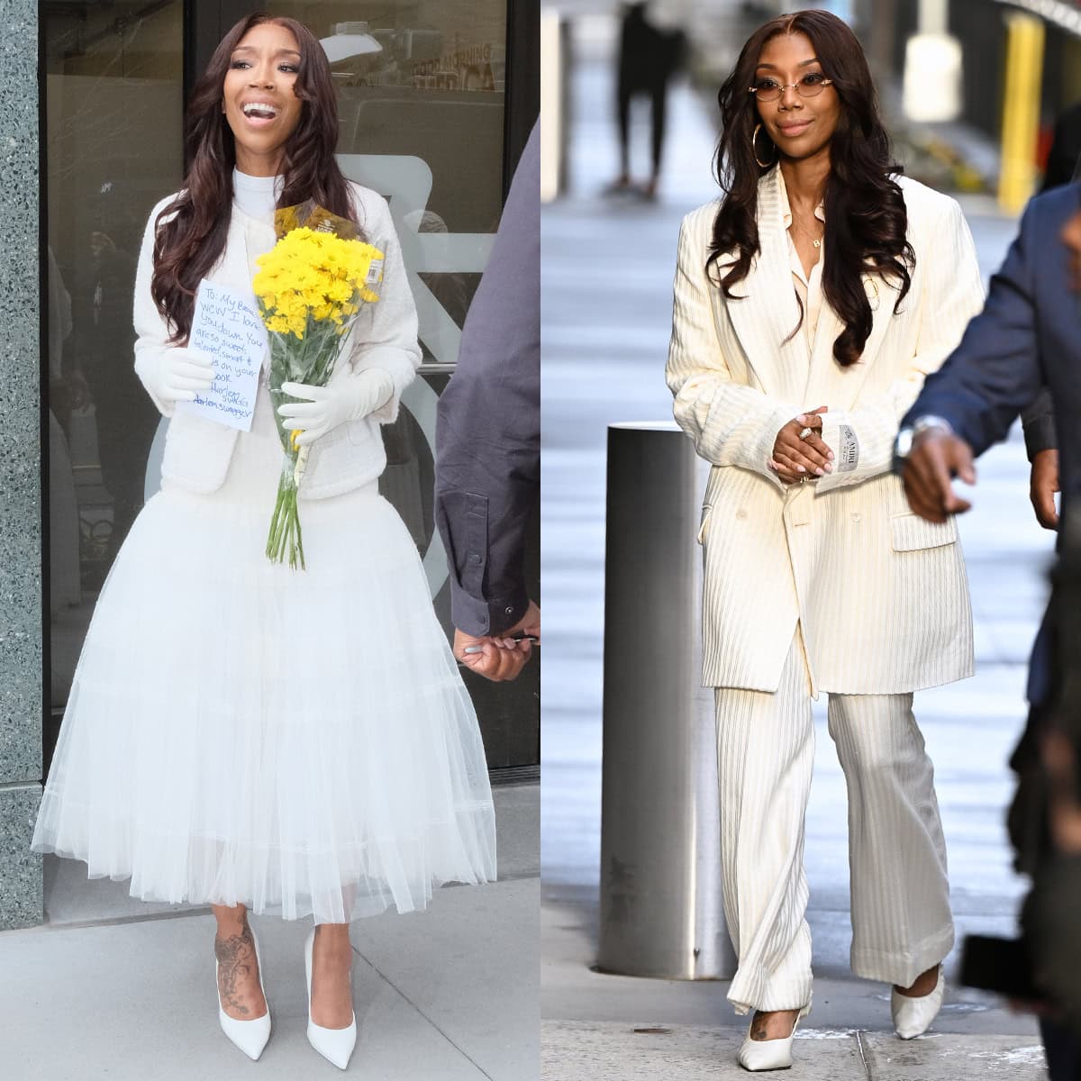 Brandy pairs romantic white layers with sharp Christian Louboutin “So Kate” pumps before switching to a tailored Amiri suit grounded by sculptural Studio Amelia “Rhodes” heels in New York City on April 1, 2026