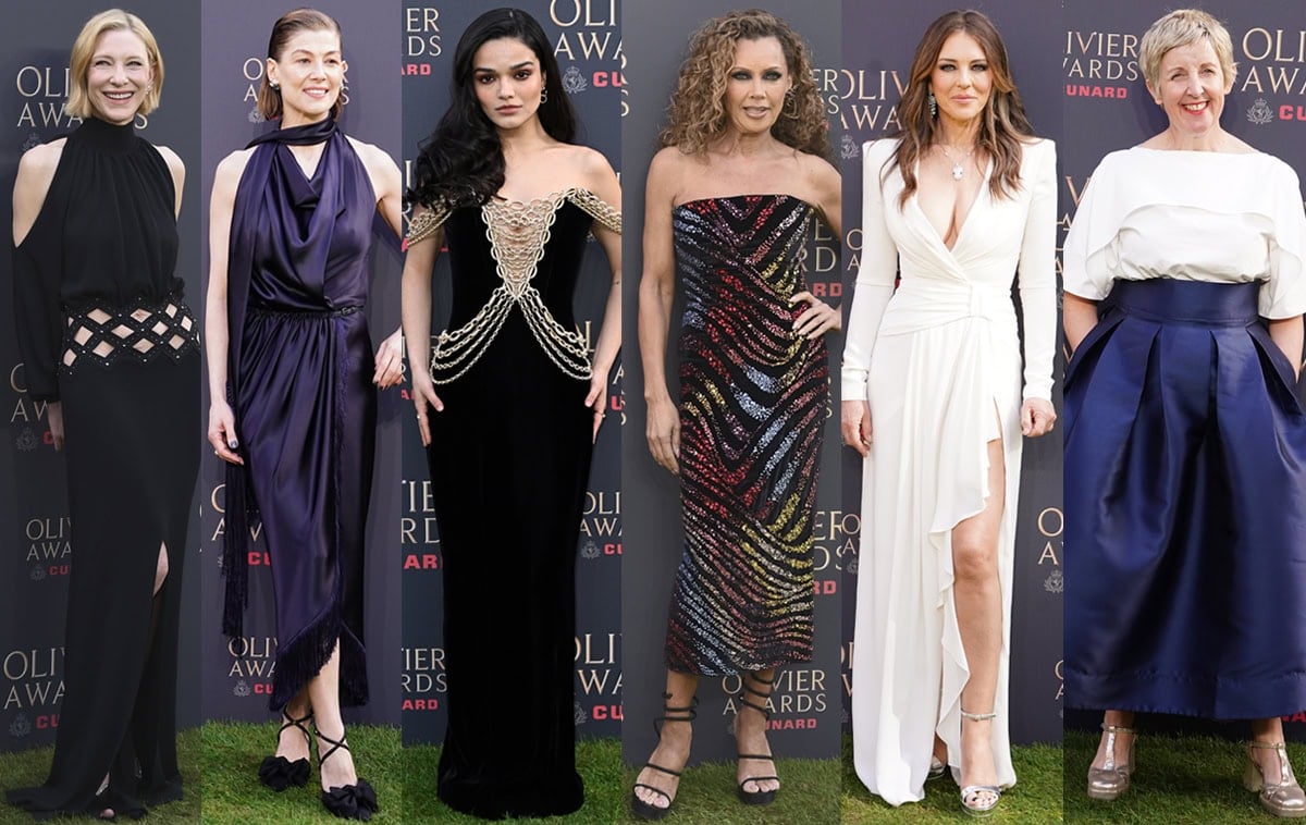 Cate Blanchett, Rosamund Pike, Rachel Zegler, Vanessa Williams, Elizabeth Hurley, and Julie Hesmondhalgh showcase a mix of sculptural heels, classic pumps, and statement sandals on the red carpet at the 50th anniversary Olivier Awards, held at the Royal Albert Hall on April 12, 2026, in London, England