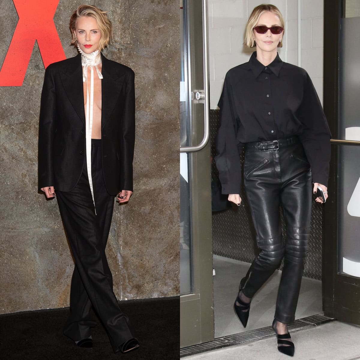 Charlize Theron masters modern minimalism in head-to-toe black Dior and Balmain, pairing sharp tailoring and leather textures with sculptural pumps during her Apex press tour in New York City on April 22, 2026