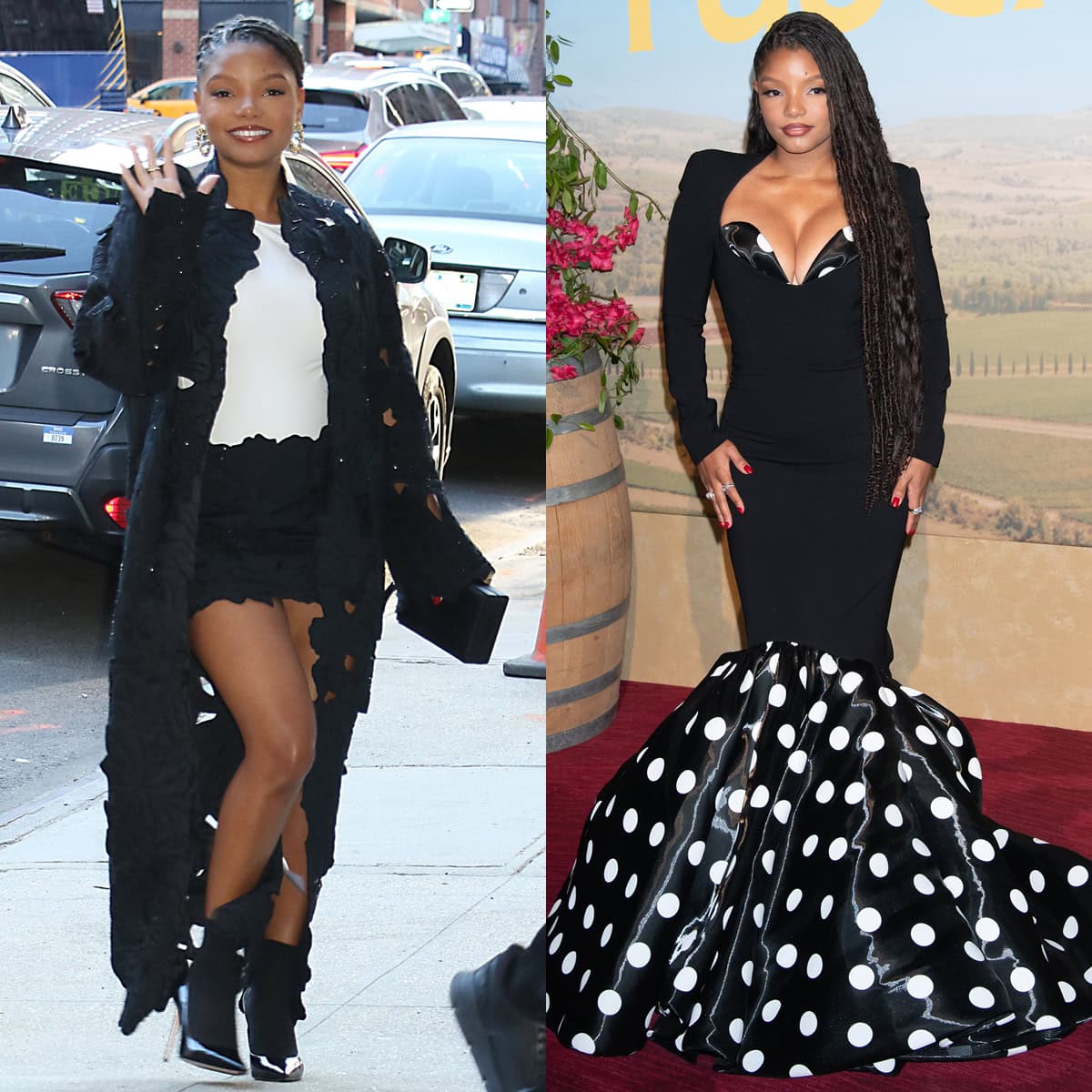 Halle Bailey showcases black-and-white looks from Cult Gaia and Christian Siriano, with black sock boots, while promoting You, Me & Tuscany on CBS Mornings and gracing the red carpet at the New York premiere of the movie