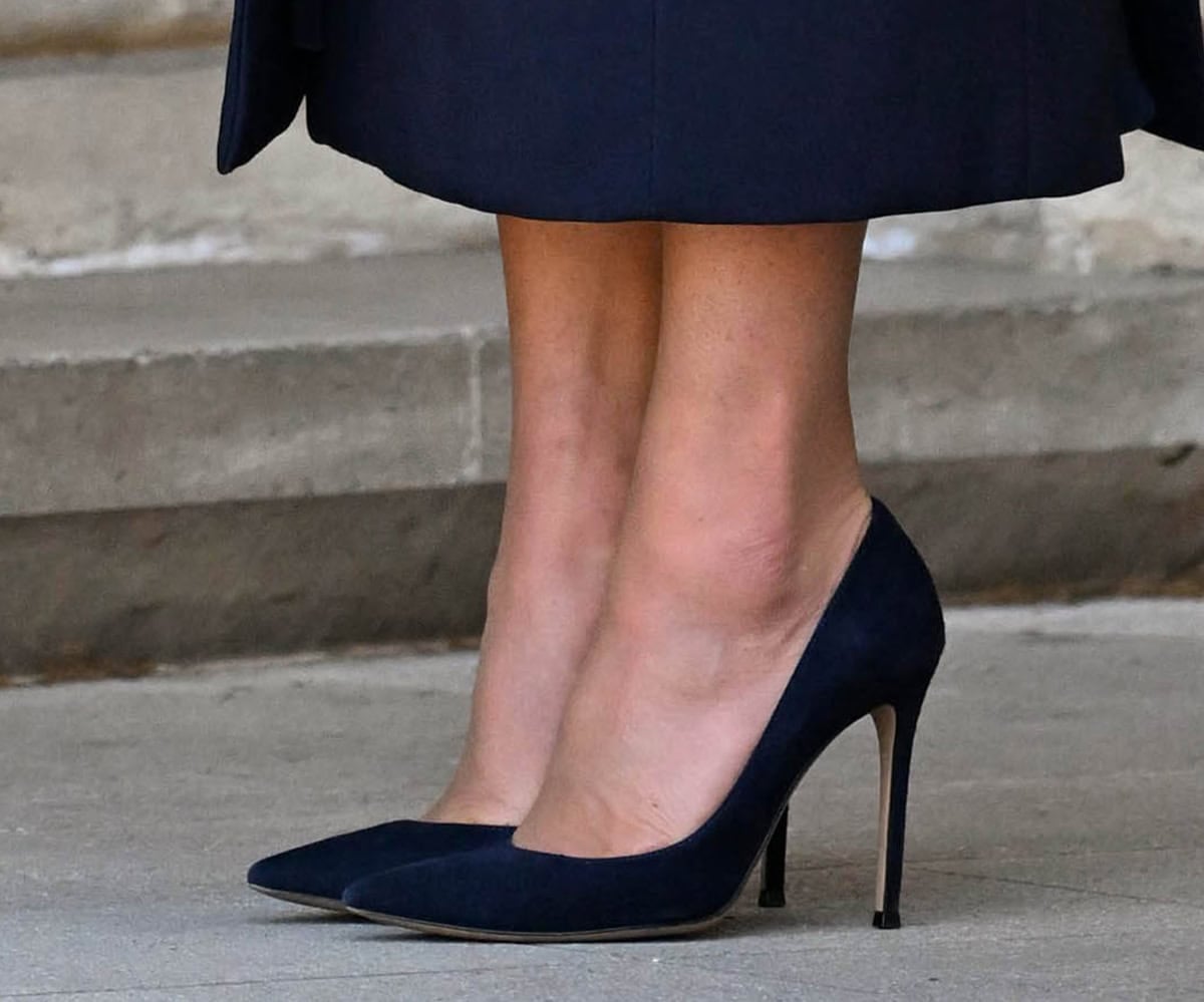 Kate Middleton slips into a pair of navy suede pumps with pointed toes and slim stiletto heels by Gianvito Rossi