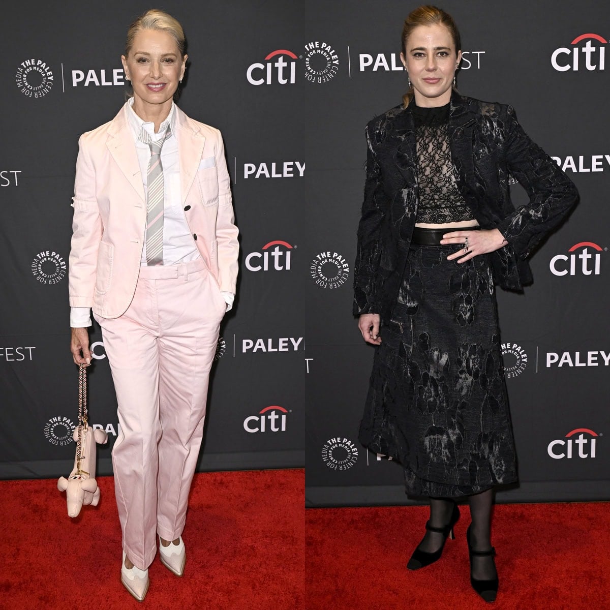 Katherine LaNasa and Taylor Dearden play with contrast at the 2026 PaleyFest LA on April 12, 2026, pairing Thom Browne’s pink brogue-inspired pumps and tailored suiting with Alexandre Birman velvet Mary Jane heels styled against Dearden’s dark, lace-textured 3.1 Phillip Lim look