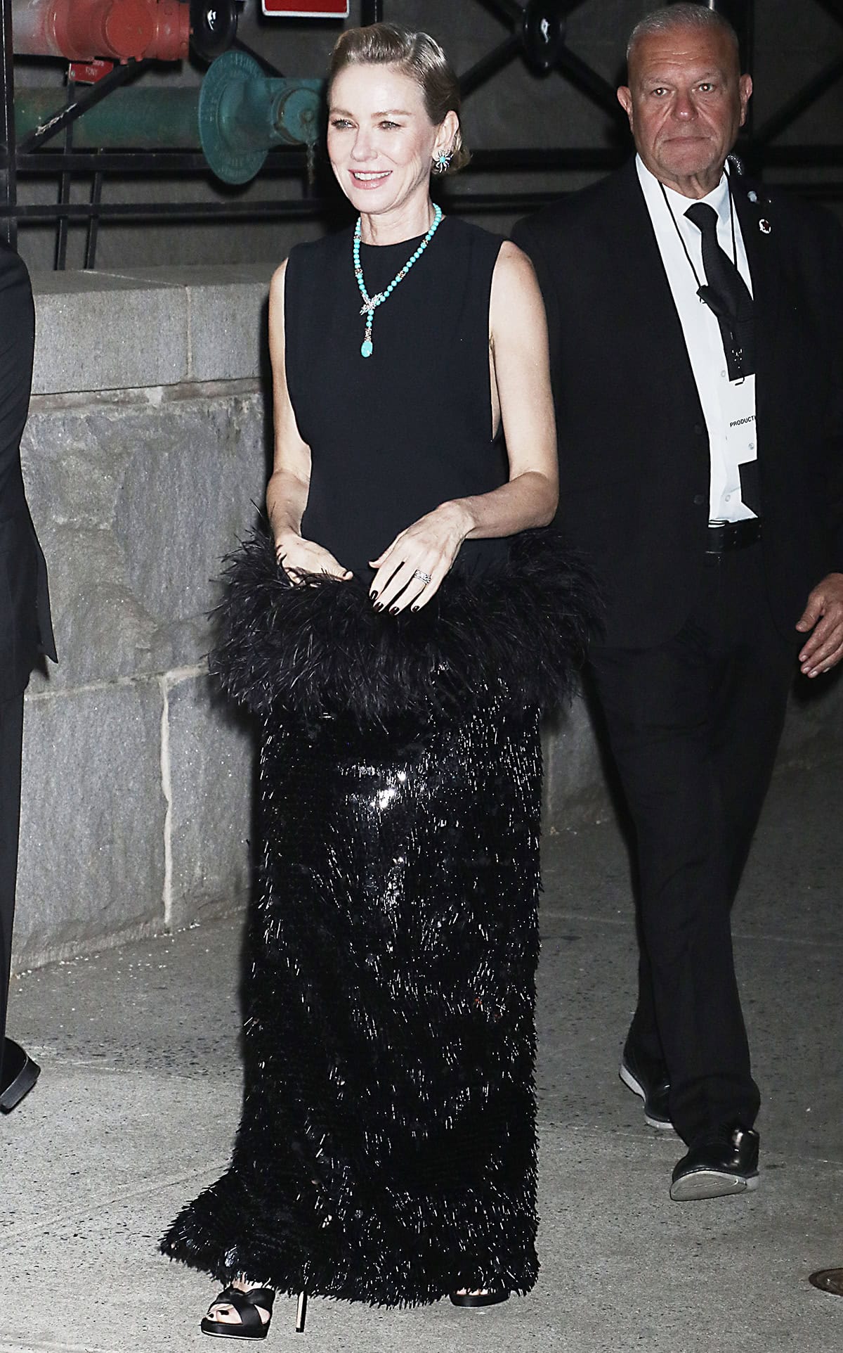 Naomi Watts pairs her Jimmy Choos with a black Taller Marmo dress featuring a sleeveless bodice and a feathered skirt, and Tiffany & Co. Bird on a Rock turquoise and diamond jewels