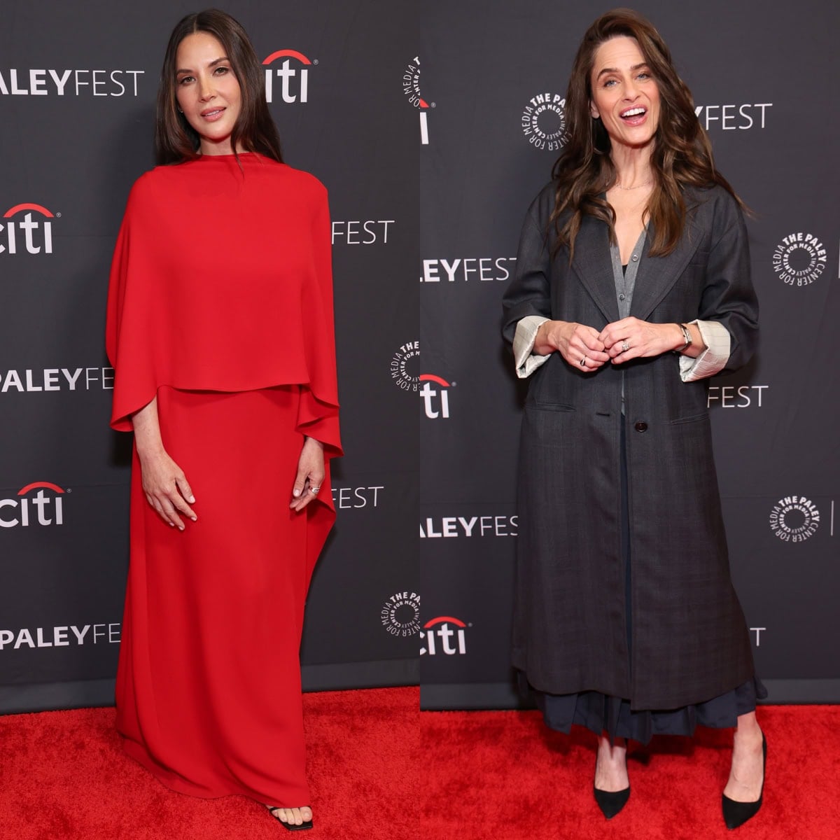 Olivia Munn and Amanda Peet deliver a study in contrast—Munn in a flowing red cape gown with sleek black sandals, Peet in understated layers anchored by pointed black pumps—at the PaleyFest LA screening of Your Friends and Neighbors at the Dolby Theatre on April 11, 2026