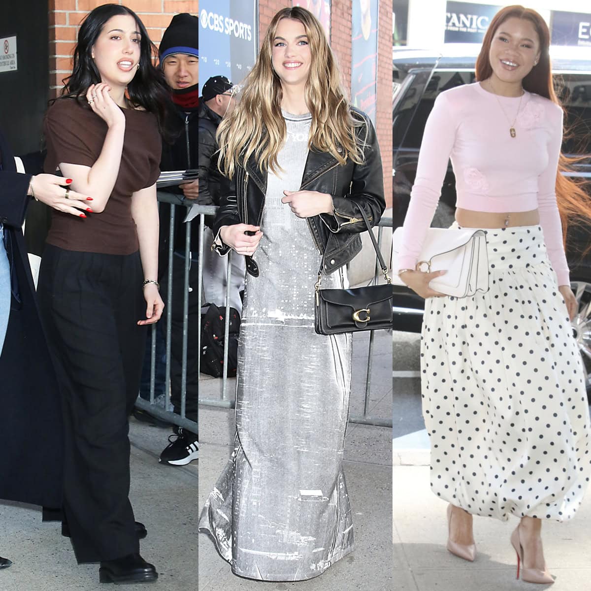 Sadie Sandler, Chloe East, and Storm Reid step out in New York City on April 6, 2026, each anchoring her look with distinct footwear—chunky black boots, statement Coach platforms, and nude Christian Louboutin “Miss Z” pumps—while promoting their Netflix comedy Roommates outside The Drew Barrymore Show