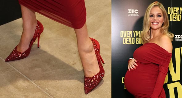 Pregnant Samara Weaving Wears Red Bumpsuit and Crystal Christian Louboutin Lasera Pumps
