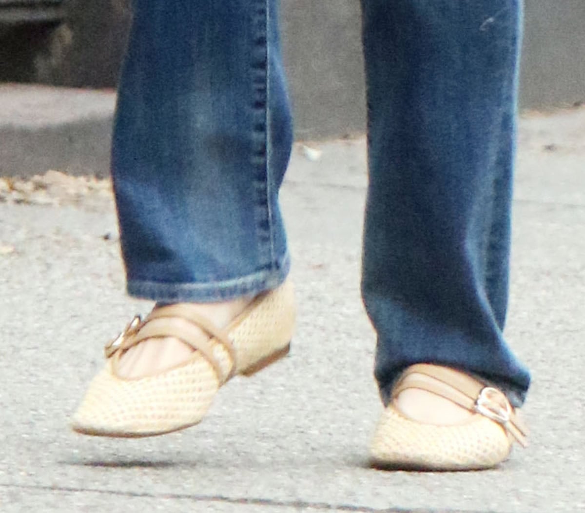 Shailene Woodley slips into the Dolce Vita “Aretha” Mary Jane flats in woven raffia with double thin straps across the foot and tan leather trims