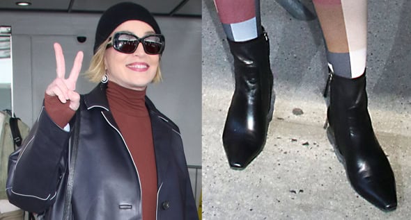 Sharon Stone Reinvents Leather Dressing With Geometric Tights and Slanted Block Heels