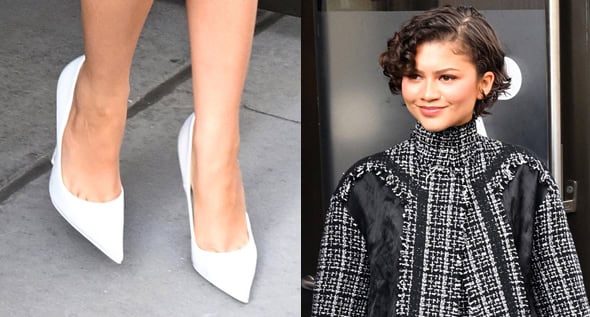 Zendaya Pairs White Christian Louboutin “So Kate” Pumps With Whimsical Erdem Feathers for ‘The Drama’ Press Tour