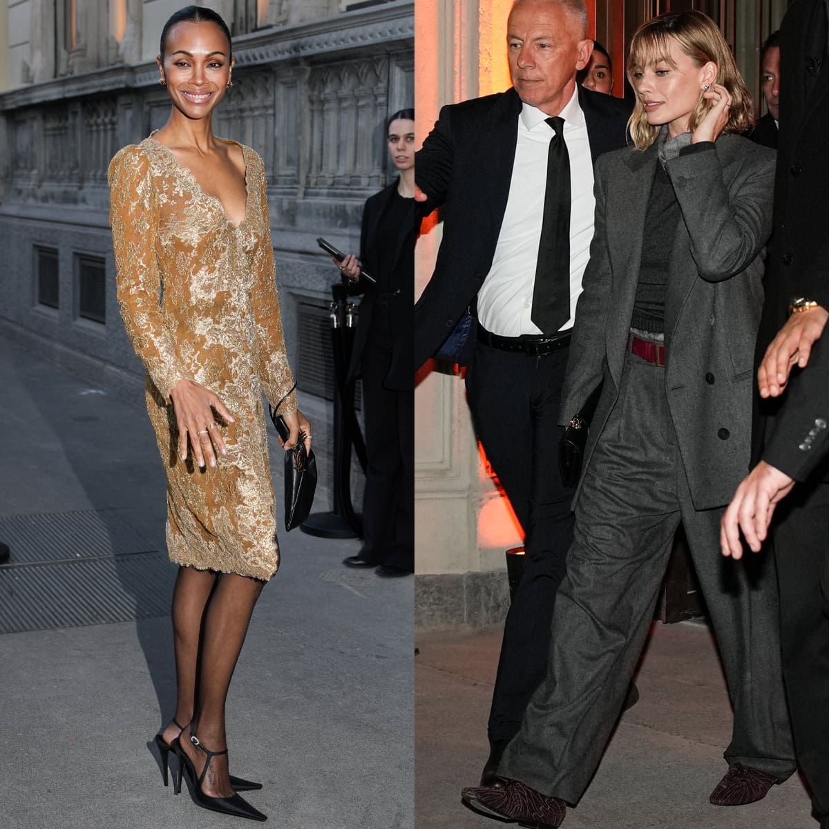 Zoe Saldaña brings refined glamour in a gold lace Saint Laurent dress paired with sharp black Manon pumps, while Margot Robbie counters in a relaxed, menswear-inspired Armani suit grounded by textured burgundy oxfords at RH Milan, The Gallery