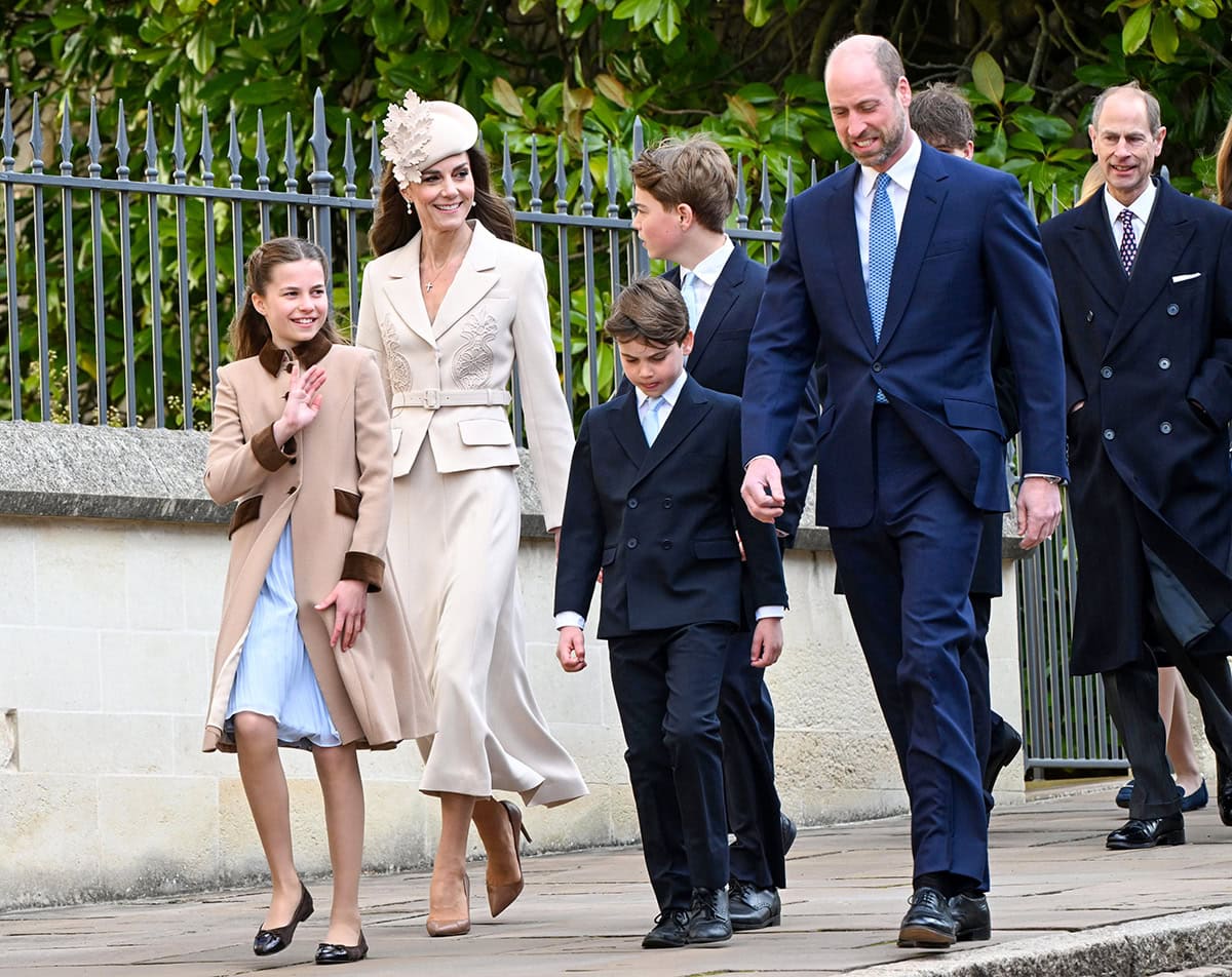 The Royal Family, Princess Charlotte, Catherine, Princess of Wales, Prince George, Prince Louis, and William, Prince of Wales, in matching brown and navy outfits and shoes at the Easter Service at St. George's Chapel, Windsor Castle