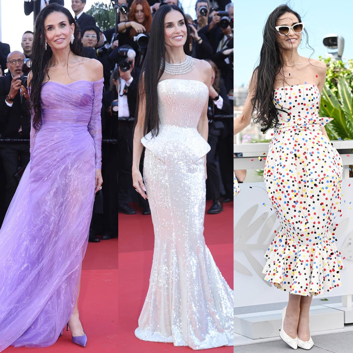 Demi Moore embraces three distinct Cannes style moods in Gucci and Jacquemus, pairing purple satin pumps, sparkling bow heels, and sculptural white “Tourni” pumps with dramatic couture silhouettes during the 79th Annual Cannes Film Festival on May 12–13, 2026
